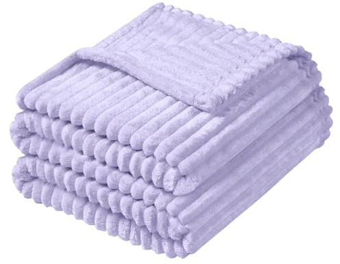 Vessia Flannel Fleece Throw Blanket for Couch,Sofa,Bed, 300GSM Striped Light Purple Blanket for Adults, Super Soft Warm Cozy Lightweight Ribbed Lilac Throw for All-Season(Lavender,50x70inch)