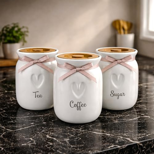 BMLIMITED BML 3 x Tea Coffee Sugar Ceramic Canisters Jars Engrave Heart Kitchen Storage with Wooden Lid and Ribbon Kitchen Storage