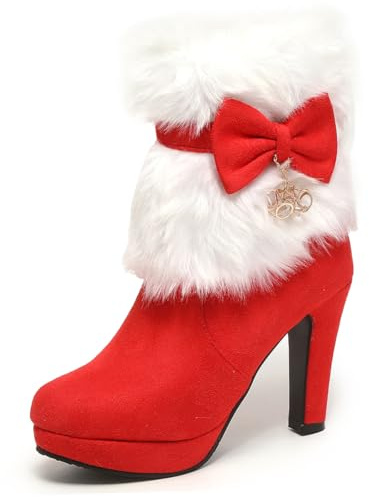 Makmeoyw Women's Fur Lined Christmas Ankle Boots Furry Platform Heels Female Winter Boots Side Zipper Rhinestone Booties Evening Party Red Warm Boots Size 8