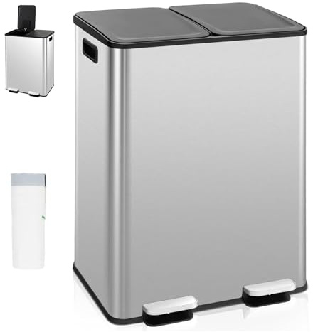 GiantexUK 60L Kitchen Pedal Bin, 2x30L Stainless Steel Recycling Rubbish Can with Detachable Inner Buckets, Handles, Deodorant Boxes & Soft Close Lids, Double Step-on Waste Dustbin for Home (Silver)