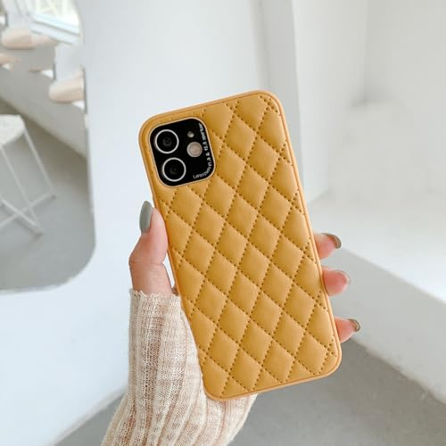 NICRX Custodia per telefono in pelle dura con reticolo di protezione paraurti di lusso per iPhone 13 12 Pro Max 7 8 Plus X XS XR 11 SE 2022 Copriobiettivo in metallo, giallo, per iPhone 7