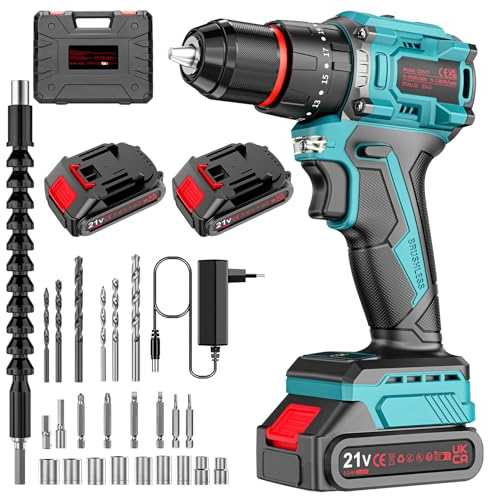 Brushless Perceuse Visseuse Percussion Sans Fil 21V, Visseuse Devisseuse Sans Fil (24 Accessoires, 2 Vitesses, 2 Batteries 2,0Ah, 55 Nm, 23+3 Réglages de Couple)