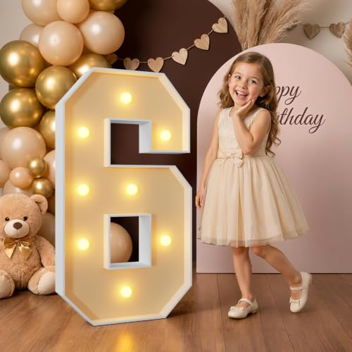 Mixifox 3FT Large Light Up Numbers for Birthday Decoration Giant Numbers 6 | for Party Decorations Wedding Graduation Decorations Foam board Assembly Required Warm White Light 21 Pcs Accessory Set