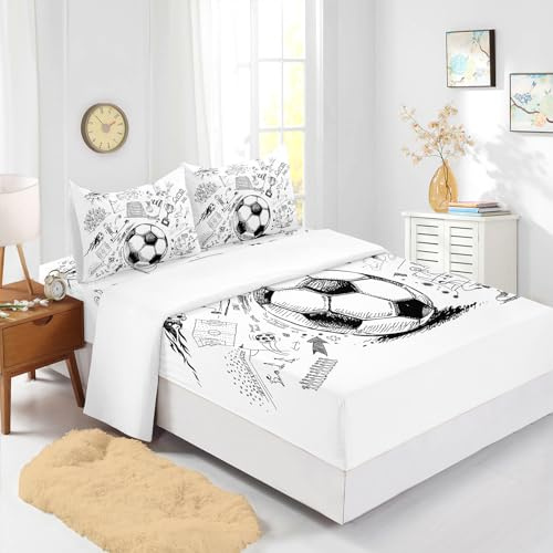 Nttopship Kids Sports Twin Sheet Set,Soccer Fitted Sheet Set for Teens and Boys 3D Soccer Pattern Bed Sheet,Football Cartoon Black White Unique Bed Sheet Set 4pcs(Fitted + Flat + 2 Pillowcases)