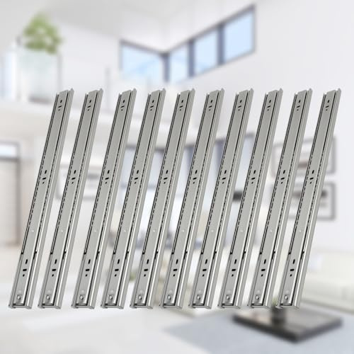Herrselsam Schubladenschienen Vollauszug 5 Paar (10 Stück) 600 mm 45kg Drawer Slides 3-fach Teleskopschiene Federdämpfung, verzinktes Eisen Silber, Auszugsschienen für Möbelbau und schwere Schubladen
