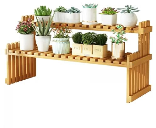 Bambus-Pflanzenständer, 2 Ebenen, höhenverstellbar, Pflanzenregal für Schreibtisch, Blumentopfhalter, Balkon, Pflanzenregal, Bürobedarf, Organizer (Natur, 60 cm)