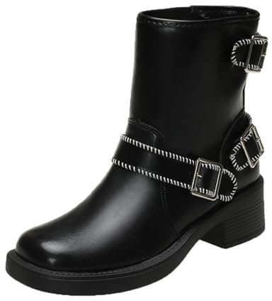 liaddkv Stivaletti da donna in pelle con tacco, stivaletti da equitazione, con fibbia, semi-lunghi, in pelle PU, a mezza altezza, in pelle laccata, stile vintage, Nero , 37