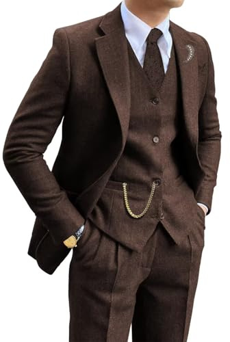 Traje Retro de Tweed marrón para Hombre, 3 Piezas, Ajuste Delgado, Trajes de Esmoquin de Boda, Chaqueta de graduación, Chaqueta, Chaleco, Pantalones para Hombre, Marrón Oscuro, Large