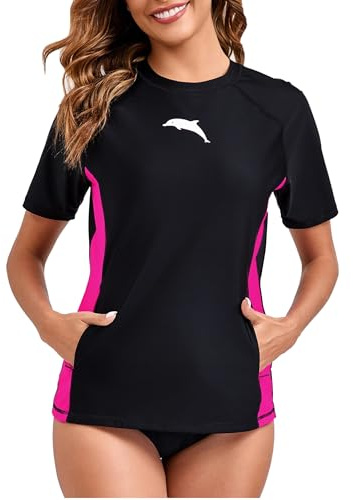 Halcurt UV Shirt Damen Kurzarm mit Tasche Rash Guard UPF 50+ Sonnenschutz Schwimmshirt Schnell Trocknender Badeshirt XL