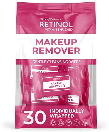LIVAURA Retinol einzeln verpackte Make-up-Entferner-Tücher – Reise-Essentials für unterwegs – Gesichtsreinigungstücher für Frauen, entfernen Make-up & Mascara, mit Mizellenwasser, 30 Stück