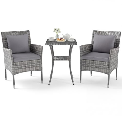 LIFEZEAL Salotto da Giardino Esterno, in Rattan PE, Set Giardino Esterno, 2 Divanetti con Cuscini Rimovibili e Tavolino da Caffè in Vetro Temprato, Poltrone per Terrazza e Cortile (cuscino grigio)