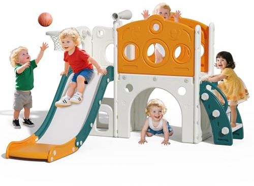 Hominewti Toboggan pour Enfant, Toboggan 8 en 1 pour Tout-Petits, avec Panier de Basket, Télescope et Grimpeur, Aire de Jeux Intérieure et Extérieure pour Tout-Petits, Vert