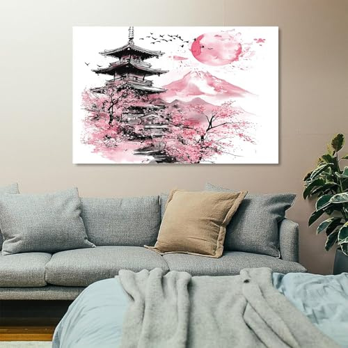 Tableau sur Toile Impression pagomontagnes fleurs cerisier style japonais Impression sur Toile, Decoration Murale Salon Moderne, Image sur Toile, Affiche Poster Murale Tableaux 70x140 cm, Sans cadre