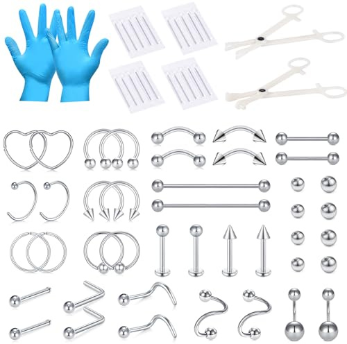 AceFun 66 Piezas Profesional Piercing Kit para todos piercings,14G 16G 18G 20G agujas perforación oreja acero inoxidable nariz tabique ombligo pezón labios ceja smiley piercing joyas para cuerpo