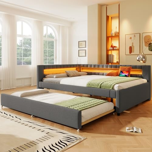 RIAZOS Polsterbett Schlafsofa 140x200, Daybett Tagesbett mit Ausziehbett, Doppelbett mit LED USB Typ C Ladefunktion, Kinderbett Jugendbett Gästebett, Leinen, Grau, ohne Matratze