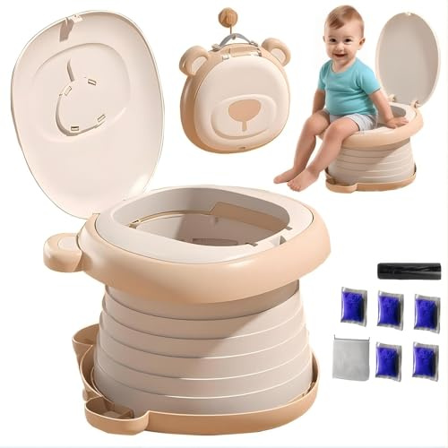 Faltbares Kindertöpfchen, Faltbares Reise-Töpfchen mit Spritzschutz & Rutschfester Oberfläche, Für Auto, Camping & Unterwegs, Mit kostenloser Reisetasche, Müllsack, absorbierendem Sand (Khaki)