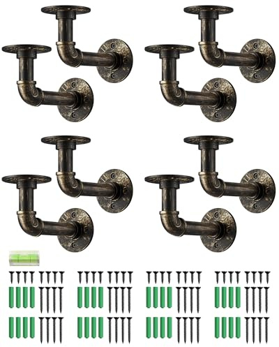 eSynic Industrielle Rohr-Regalhalterungen, Antik-Bronze-Rohrhalterungen für Regale, 1,27 cm, Metall, schwebende Regalhalterung für Gerüstbretter (15 x 8 cm) mit Wasserwaage, 8 Stück