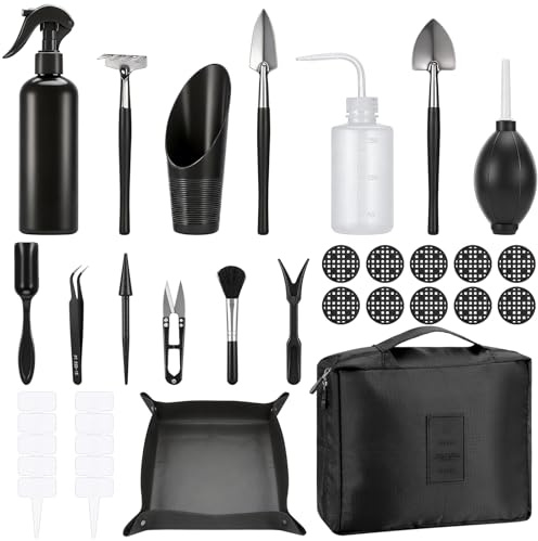 Yimomoyi Bonsai Werkzeug Set 17 Stück mit wasserdichte Umtopfmatte & Aufbewahrungstasche, Mini Gartengeräte Gartenwerkzeug Set für Gartenarbeit, Umtopfen, Sukkulenten, Pflanzenpflege