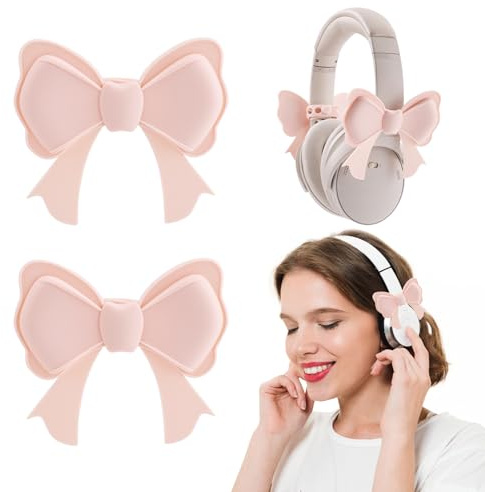 Silicone Pink Bow Headphone Decor Accessories, 2 Pack 3D Cute Coquette Bow Earphone Clip Charms Decorations for Women Girls, Adjustable Y2K Aesthetic Headset Decoration Gamer Gift