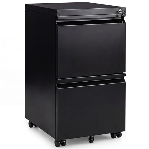 COSTWAY Rollcontainer abschließbar aus Metall, Aktenschrank unter Schreibtisch, Bürocontainer mit 2 Schubladen & Hängeregistratur für Dokumente, Metallschrank mit 5 Rädern, 44 x 37 x 67 cm (Schwarz)