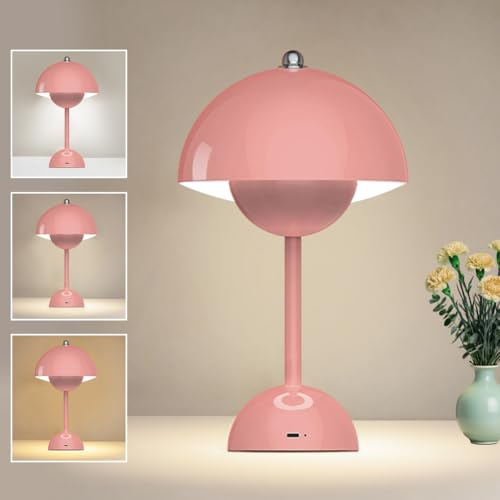 LOMUG LED Flowerpot Tischlampe, Pilzlampen Tischlampe, Kabellos Tischleuchte Touch Dimmbar Pilz Lampe mit 3 Helligkeitsmodi für Schlafzimmer Wohnzimmer Kinderzimmer Hochzeit Bars (Rosa)