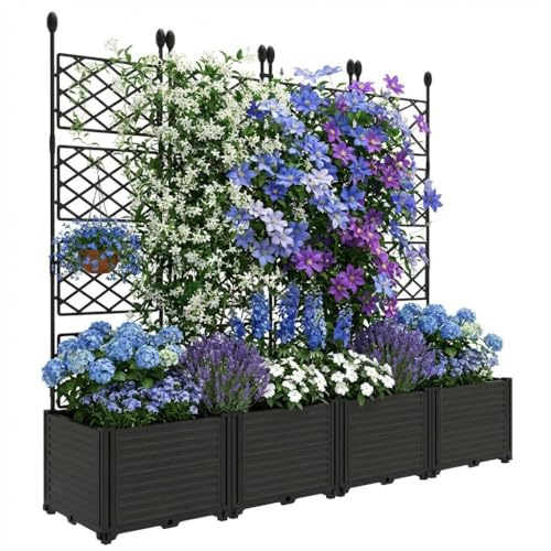 Pflanzkasten mit Rankgitter aus Metall, Hochbeet mit Rankhilfe für Kletterpflanzen, Kunststoff Pflanzkasten Outdoor als Sichtschutz für Balkon, Terrasse & Garten, 4 Abschnitte vertiefen, 168x160cm