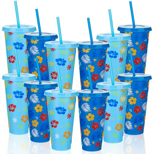 CNSJ 12 Pack Hawaiian Plastic Tumbler Cups with Straw and Lid 24 Oz Reusable Tropical Flower Leaf Travel Mug for Cold Drinks Summer Beach Themed Party Favours
