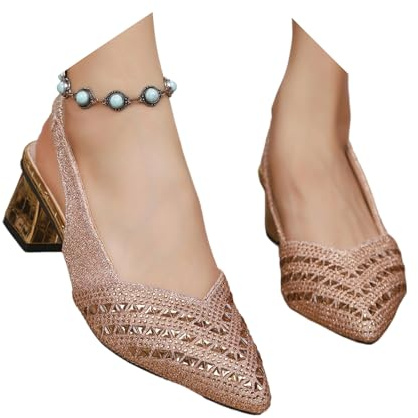 VerverSenceiy Sandali da donna con tacco basso e punta affusolata in cristallo, eleganti scarpe da lavoro, tacco squadrato, elastico sul tallone, sandali da sera e da ballo (Champagne,42)