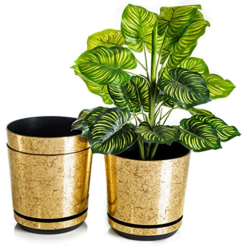KORAD Ensemble de 3 Pots avec Soucoupe d'un diamètre de 21 cm, Motif 012 - Vieil Or ; Glamour ; Moderne, Haute Brillance, Style Classique, Rustique, loft, pour Plantes, Herbes.