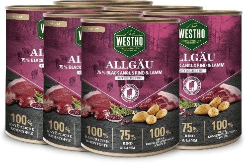 WESTHO Nassfutter Allgäu Adult Senioren (6 x 800 g) | 75% Black-Angus-Rind und Lamm | Getreidefrei| Hundefutter für aktive Hunde jeder Rasse | Reich an Antioxidantien