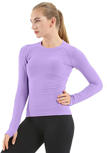 MathCat Sömlösa träningströjor för kvinnor, långärmad, yogatoppar, sport, löpartröja, andas, atletisk topp, smal passform, Lila_02, XS