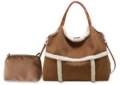 CORIOS Borsa a Mano in Lana di Agnello da Donna, Spalla in Pelle Scamosciata Grande, Tracolla Morbido Peluche, Tote Retro Messenger 2 Pezzi Marrone
