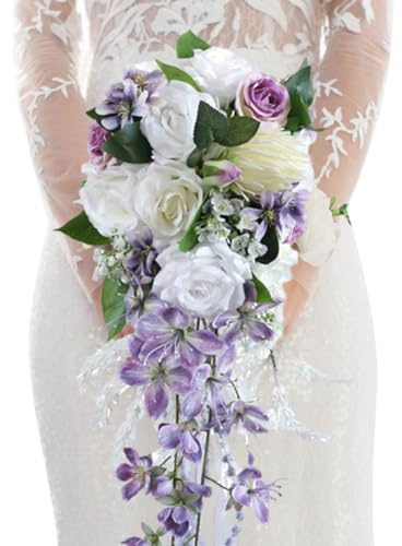 ISAKEN Romantische Brautstrauß Rosenstrauß Handgemachte Künstliche Lila Rosen Blumen Brautjungfer Wasserfall Blumensträuße Hochzeitsdekoration für Bräute oder Brautjungfern
