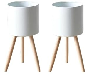Lot de 2 cache-pots de 20 cm de diamètre avec pieds en bois de style scandinave pour l'intérieur et l'extérieur - Pot de fleurs en fer avec pieds intégrés - Jardinière dans des couleurs tendance
