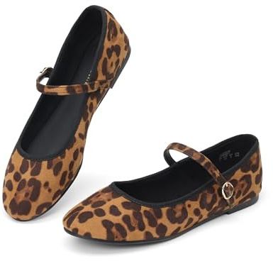 DREAM PAIRS Ballerine Mary Jane da Donna Punta Tonda Comode Eleganti Casual Slip-on da Lavoro Quotidiano Morbide Scarpe Basse,Size 43,Leopardo,SDFA2441W