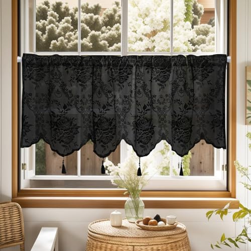 KnBoB Rosenblommor voile gardin (45 x 130 cm) – transparent broderispets, bistrogardin med tofs, stånggenomdrag, polyester, svart – 1 styck