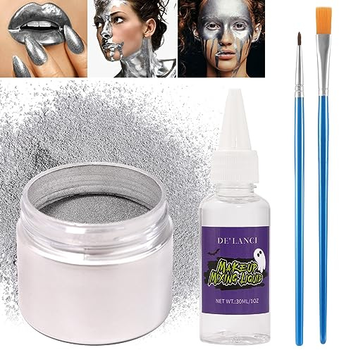 DE'LANCI Juego de pintura facial metálica plateada, polvo de cromo 13 g con 30 ml de líquido mezclado, 2 pinceles