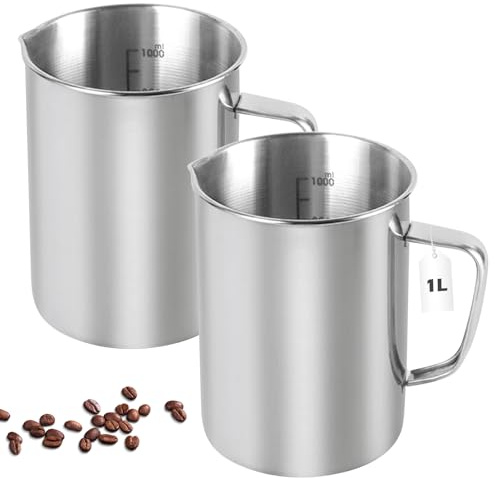 Misurino In Acciaio Inox,Set Di 2 1000Ml Brocca Da Latte In Acciaio Inossidabile Con Manico,Scala,Misurino In Acciaio Inossidabile Per Cappuccino,Latte Ed Espresso,Macchina Per Il Caffè,Latte,Acqua