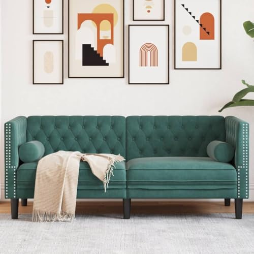 Massbinet Polstersofa mit Kissen und Armlehnen Moderne Couch Loungesofa aus Bequemes Loveseat Chesterfield-Sofa mit Nackenrollen 2-Sitzer Dunkelgrün Samt