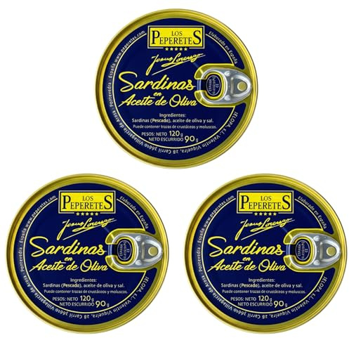 LOS PEPERETES x3 Lata Sardinas en Aceite de Oliva 120 g | Sardinas Pequeñas Gourmet Gallegas | Conserva Artesanal con Aceite de Oliva Virgen Extra | Pescado Azul del Atlántico | Producto Natural