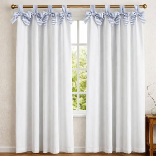 CrystalSylara Striped Coastal Bow Blackout Curtain Blue and White Coastal Curtains Cotton Beach Decorative Blackout Drapes for Living Room Bedroom Window Cotton, 52 x 84 Inch, 1 Panel