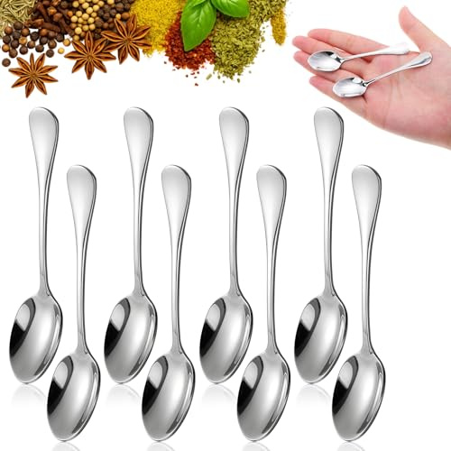 8 Pcs Mini Stainless Steel Spoons, Small Espresso Spoons Mini Spoon for Spice Jars, Easy to Clean & Hold for Sugar, Salt, and Honey, Silver