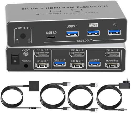 Tendak HDMI Displayport KVM-switch 2 PC 2 bildskärmar, 8K DP HDMI KVM USB-omkopplare tangentbord mus omkopplare med 4 USB 3.0-portar för 2 PC Share 2 bildskärmar, stöd 8K@60Hz 4K@120Hz HDCP 2.3