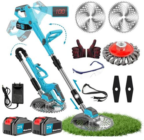 Rasentrimmer mit Akku mit Unkrautbürste 21V Elektrischer Freischneider Akku Rasentrimmer Rasenkantenschneider mit 2X4.0Ah Akkus & Ladegerät Verstellbarer Kopf Teleskopgriff für Garten Rasen Hof Blau
