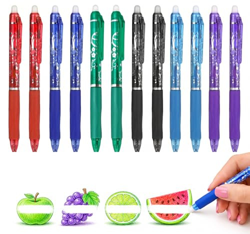HX-uuyjno Lot de 12 Stylos Effaçable Stylo Gel Effaçables Pointe 0,5 mm Stylo à Bille Effaçable Gel Stylos à Bille avec Gomme pour Fournitures Scolaires