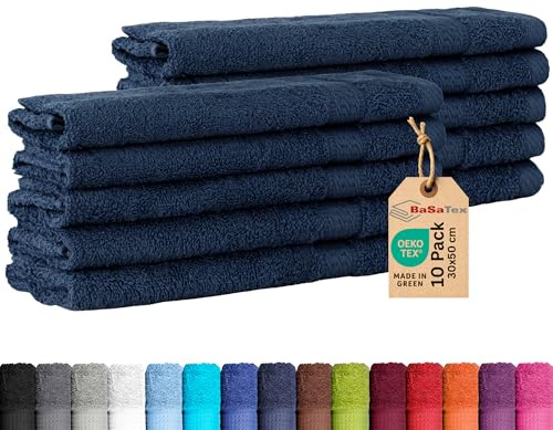 BaSaTex Frottee Gästehandtuch, 10er Set, 30x50cm, Navy | 100% Baumwolle-Frottee, Öko-Tex Made in Green Zertifiziert, Aufhängeschlaufe, 500gm², saugstark und langlebig