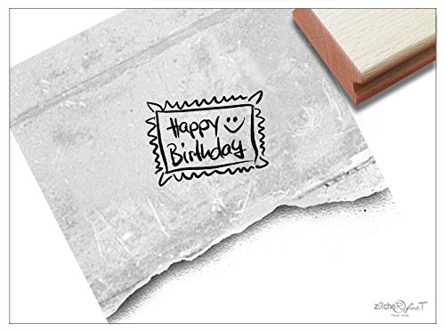 Stempel - Textstempel Happy Birthday handschriftlich mit Smiley, Motiv Briefmarke - Schriftstempel Typostempel Schrift Text Handschrift - zAcheR-fineT (Text: Happy Birthday)