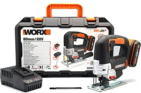 WORX Sierra de calar 20V | PowerShare | WX543-1 batería 2Ah | péndulo de 4 posiciones, cambio rápido de hoja, profundidad de corte de 24 mm, luz LED