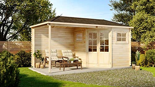 Alpholz 5-Eck Gartenhaus mit Anbau Franz aus Massiv-Holz, Gerätehaus mit 28 mm Wandstärke, Garten Holzhaus mit Imprägnierung (pinie), Geräteschuppen Größe: 500 x 250 cm