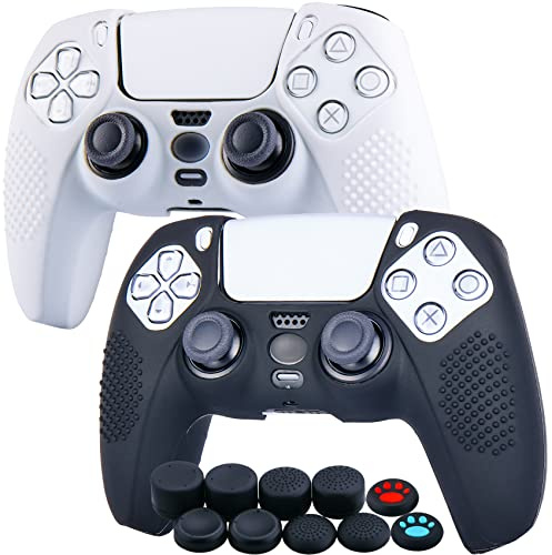 YoRHa Studded Silicone Rubber Gel Customizing Skin Cover for PlayStation 5 Controller PS5 Controller x 2(Black+White) with Pro Thumb Grips x 10